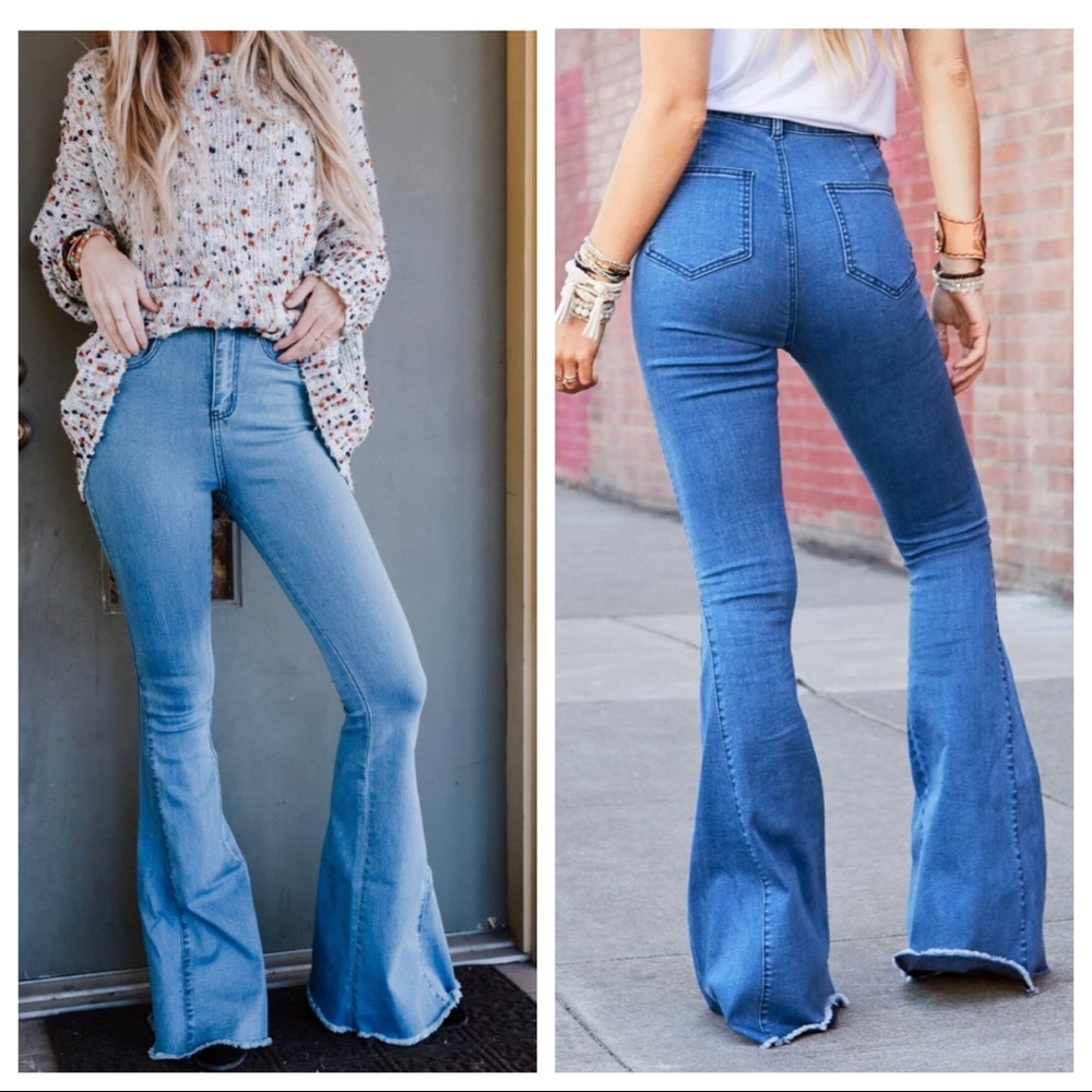 22 Frayed hem wide leg stretch bell flare jeans - Picture 9 of 10